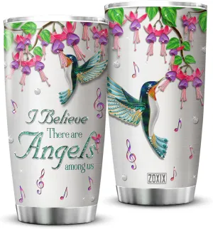 ZOXIX Hummingbird Sympathy Gifts I Believe There Are Angels Hummingbird Insulated Tumbler Stainless Steel Cup Jewelry Style Remembrance Gifts For Loss Of Loved One