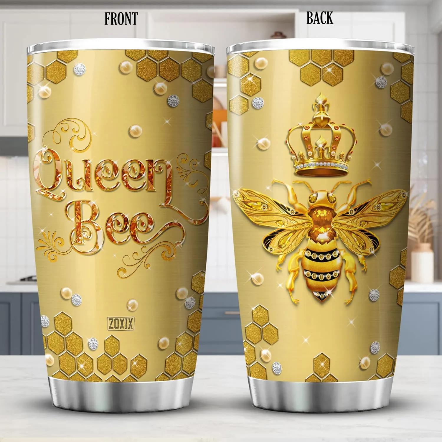 ZOXIX Yellow Queen Bee Tumbler Gift for Girls - Novelty Jewelry Style Insulated Mug - Bee Keeper Gift for Women Birthday Present - Stainless Steel Travel Cup With Lid 20oz