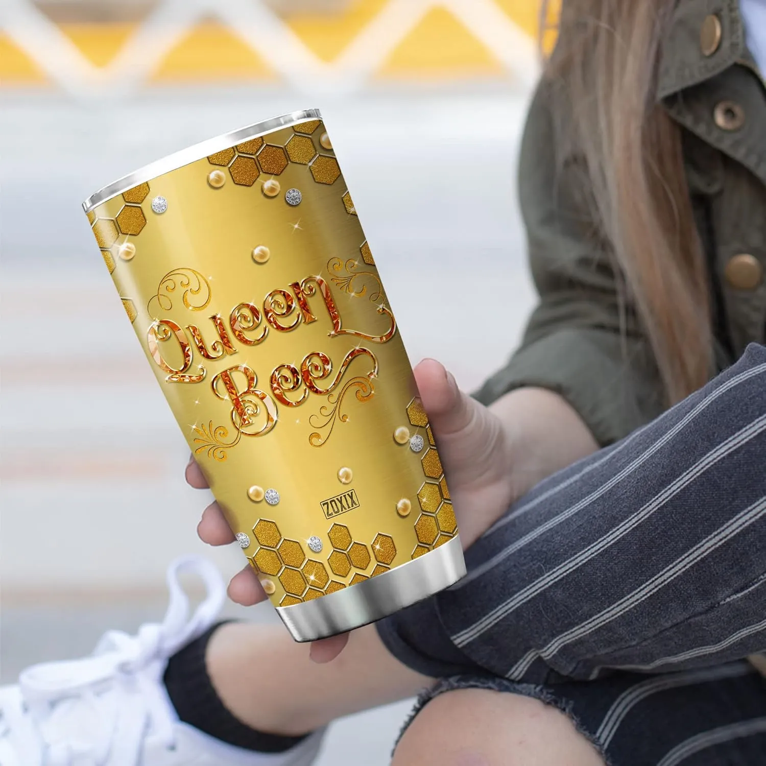 ZOXIX Yellow Queen Bee Tumbler Gift for Girls - Novelty Jewelry Style Insulated Mug - Bee Keeper Gift for Women Birthday Present - Stainless Steel Travel Cup With Lid 20oz