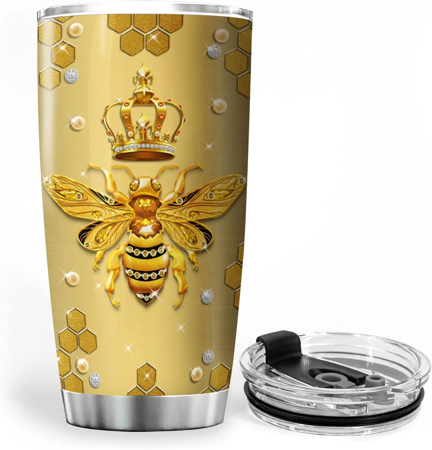 ZOXIX Yellow Queen Bee Tumbler Gift for Girls - Novelty Jewelry Style Insulated Mug - Bee Keeper Gift for Women Birthday Present - Stainless Steel Travel Cup With Lid 20oz