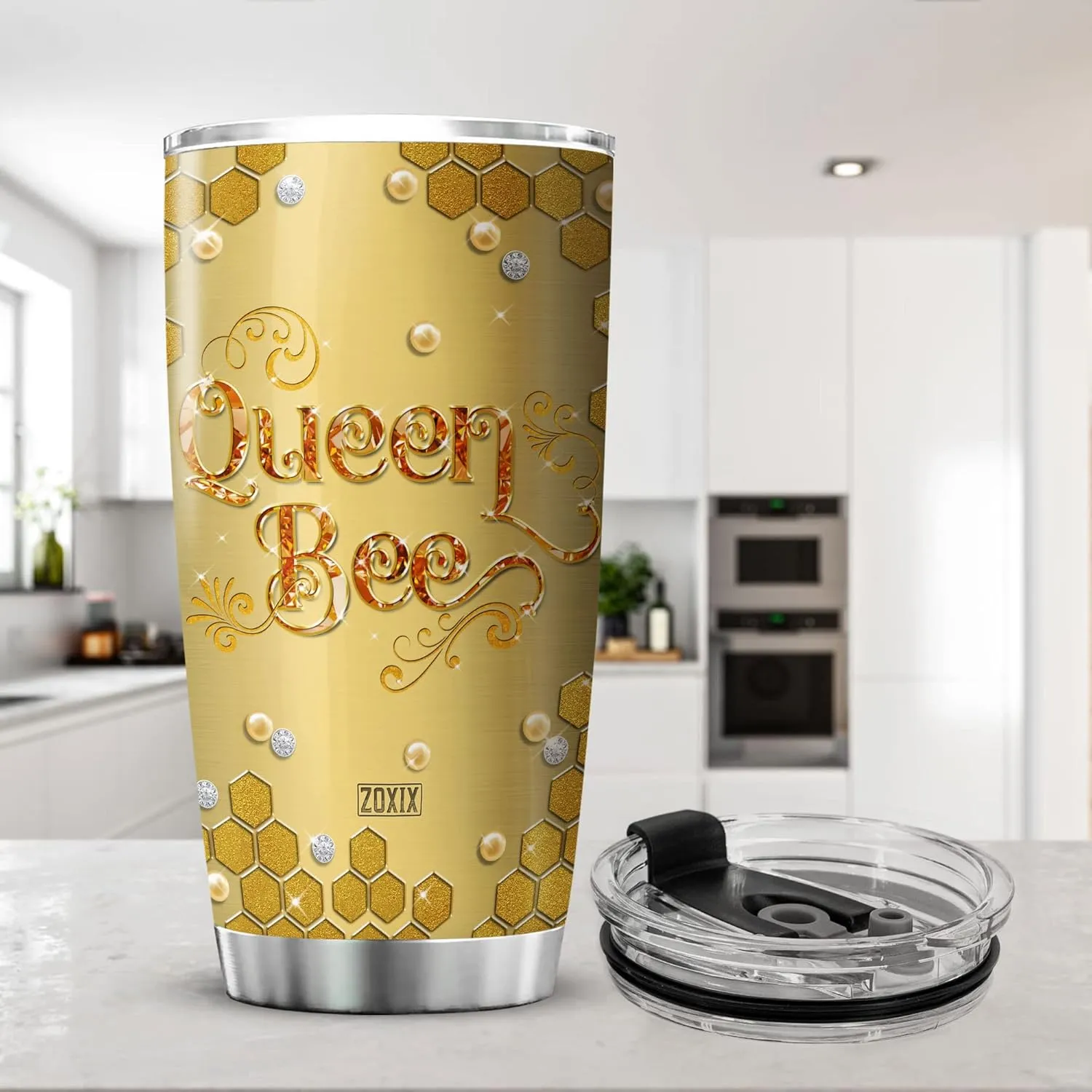ZOXIX Yellow Queen Bee Tumbler Gift for Girls - Novelty Jewelry Style Insulated Mug - Bee Keeper Gift for Women Birthday Present - Stainless Steel Travel Cup With Lid 20oz