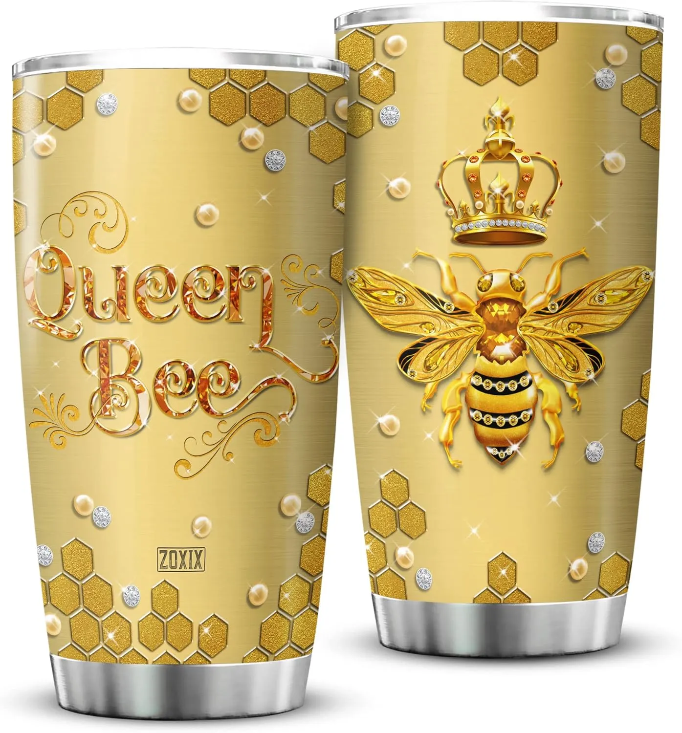 ZOXIX Yellow Queen Bee Tumbler Gift for Girls - Novelty Jewelry Style Insulated Mug - Bee Keeper Gift for Women Birthday Present - Stainless Steel Travel Cup With Lid 20oz