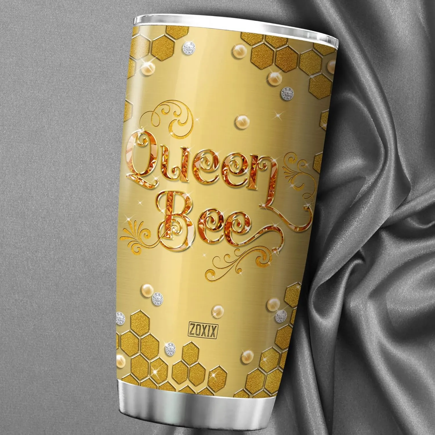 ZOXIX Yellow Queen Bee Tumbler Gift for Girls - Novelty Jewelry Style Insulated Mug - Bee Keeper Gift for Women Birthday Present - Stainless Steel Travel Cup With Lid 20oz