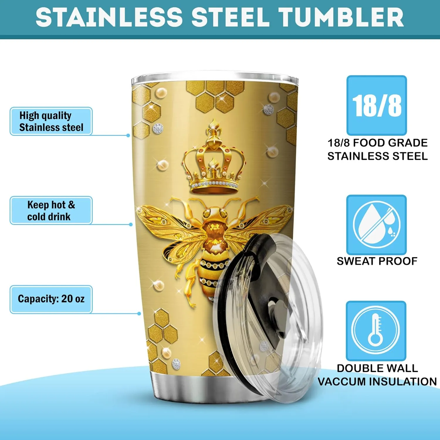 ZOXIX Yellow Queen Bee Tumbler Gift for Girls - Novelty Jewelry Style Insulated Mug - Bee Keeper Gift for Women Birthday Present - Stainless Steel Travel Cup With Lid 20oz