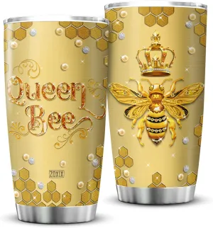 ZOXIX Yellow Queen Bee Tumbler Gift for Girls - Novelty Jewelry Style Insulated Mug - Bee Keeper Gift for Women Birthday Present - Stainless Steel Travel Cup With Lid 20oz