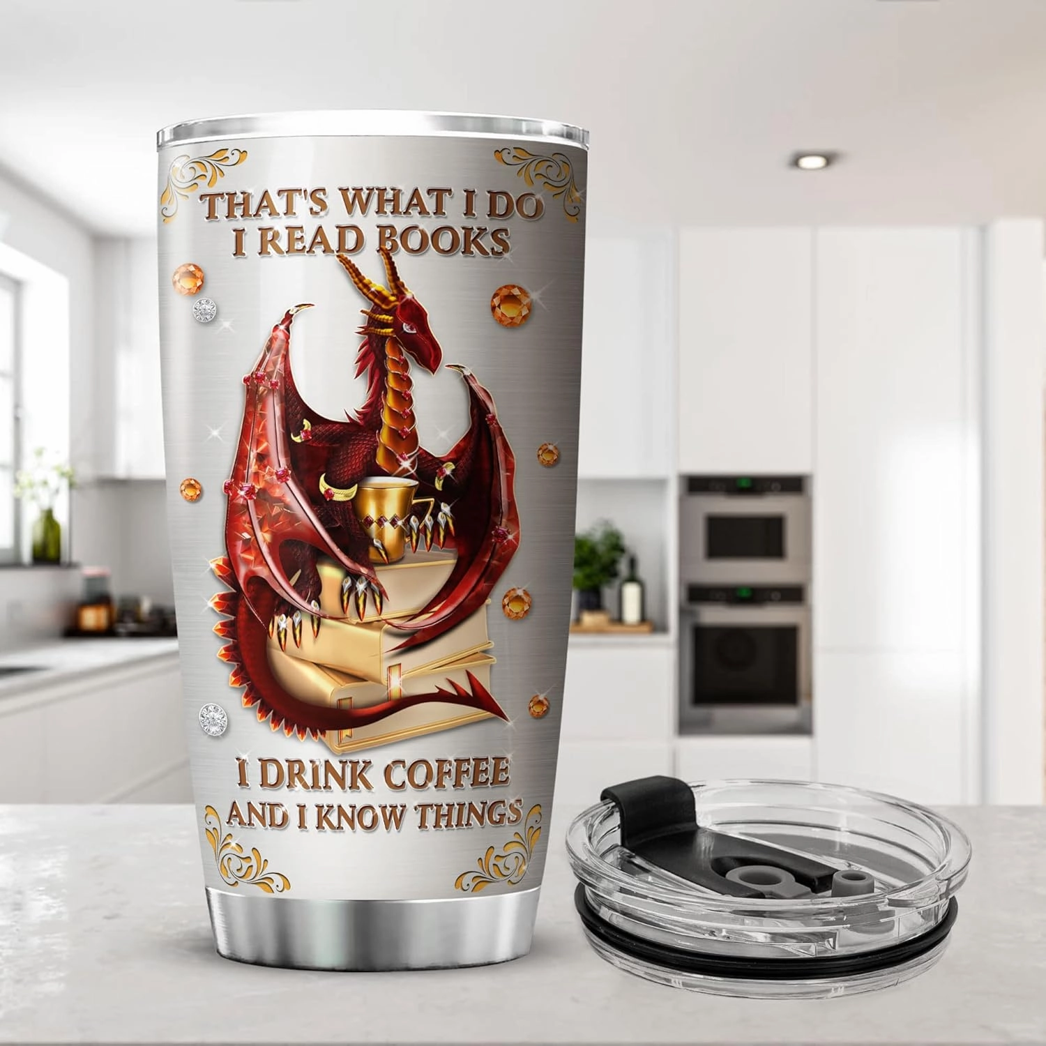 ZOXIX Dragon Tumbler 20oz I Read Books I Drink Coffee And I Know Things Funny Saying Cup Insulated Stainless Steel Mug With Lid Book Lover Bookworm Bookish Gift Dragon Lovers Gifts