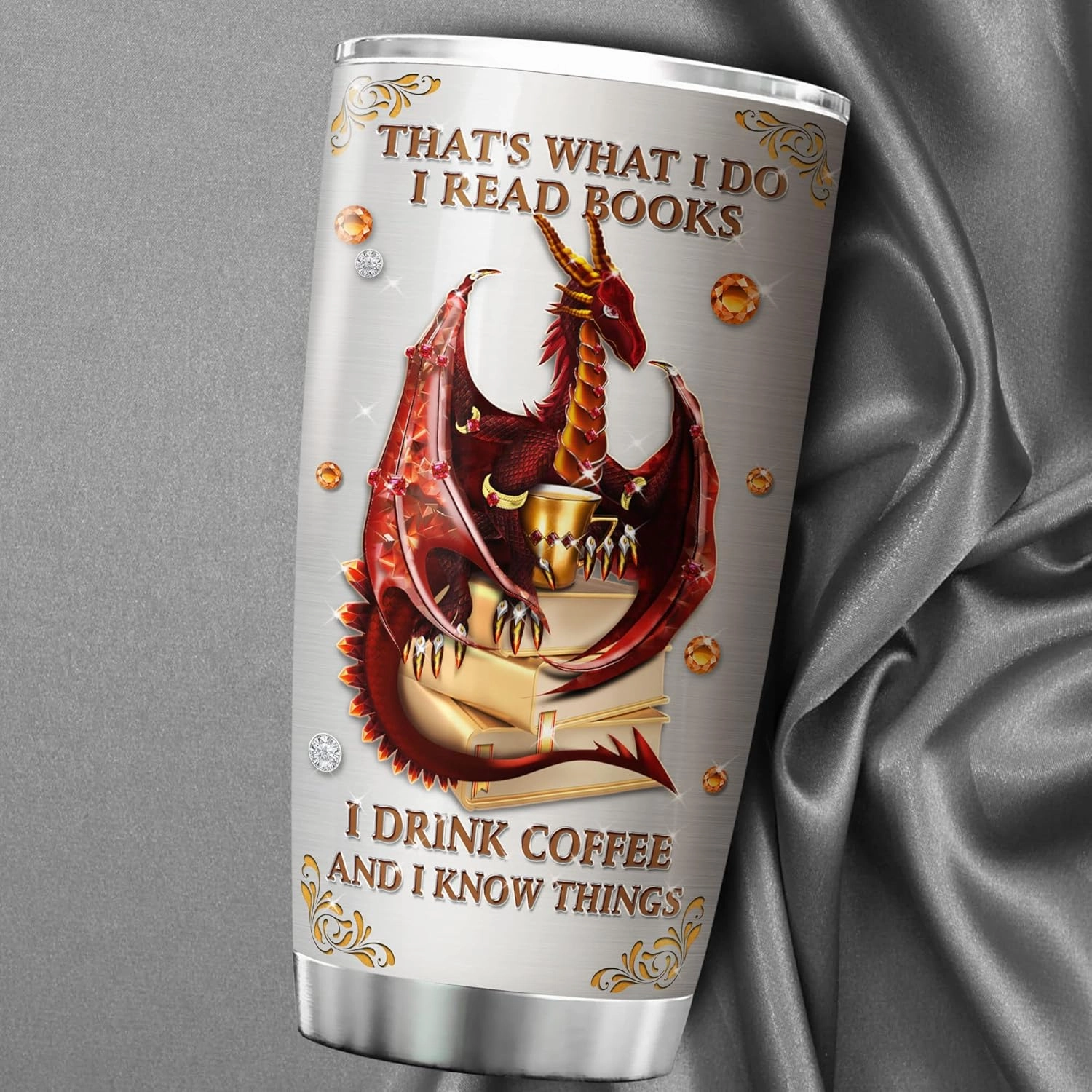 ZOXIX Dragon Tumbler 20oz I Read Books I Drink Coffee And I Know Things Funny Saying Cup Insulated Stainless Steel Mug With Lid Book Lover Bookworm Bookish Gift Dragon Lovers Gifts