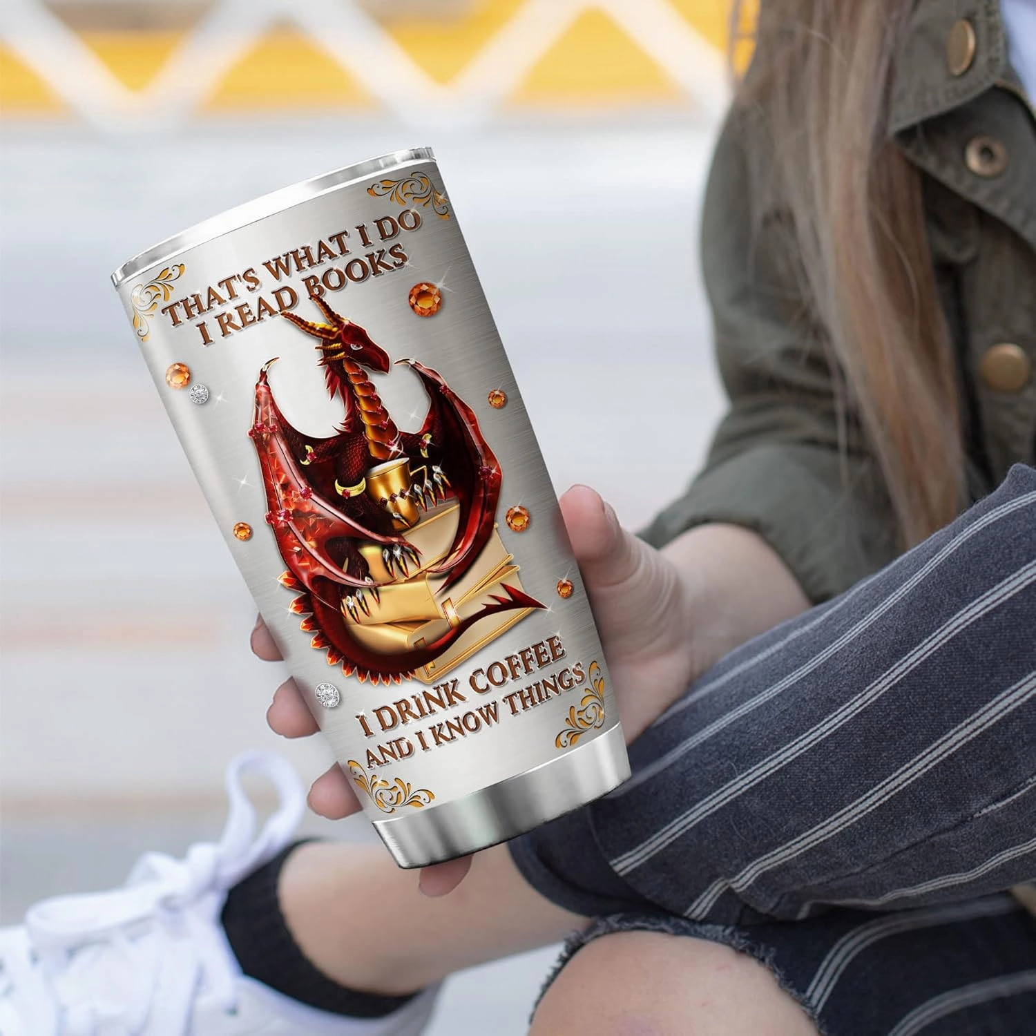 ZOXIX Dragon Tumbler 20oz I Read Books I Drink Coffee And I Know Things Funny Saying Cup Insulated Stainless Steel Mug With Lid Book Lover Bookworm Bookish Gift Dragon Lovers Gifts