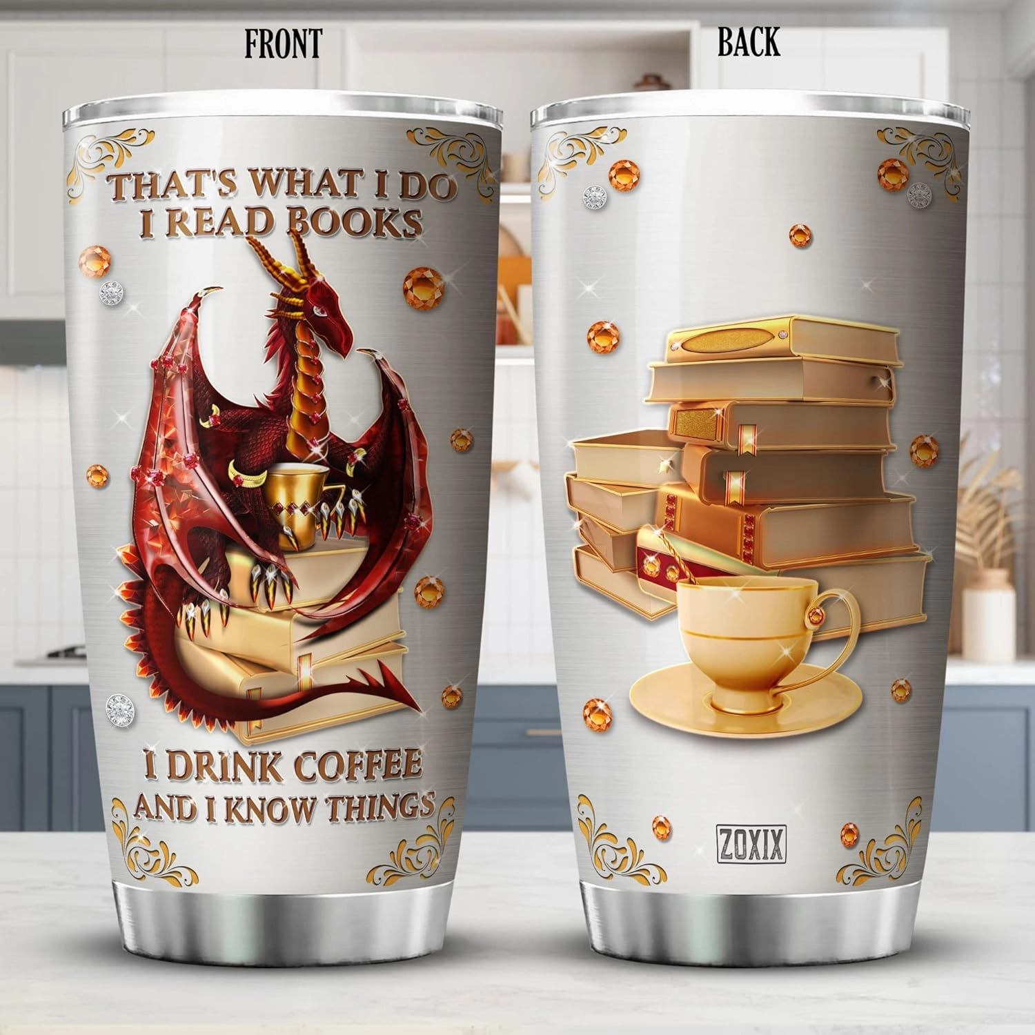 ZOXIX Dragon Tumbler 20oz I Read Books I Drink Coffee And I Know Things Funny Saying Cup Insulated Stainless Steel Mug With Lid Book Lover Bookworm Bookish Gift Dragon Lovers Gifts