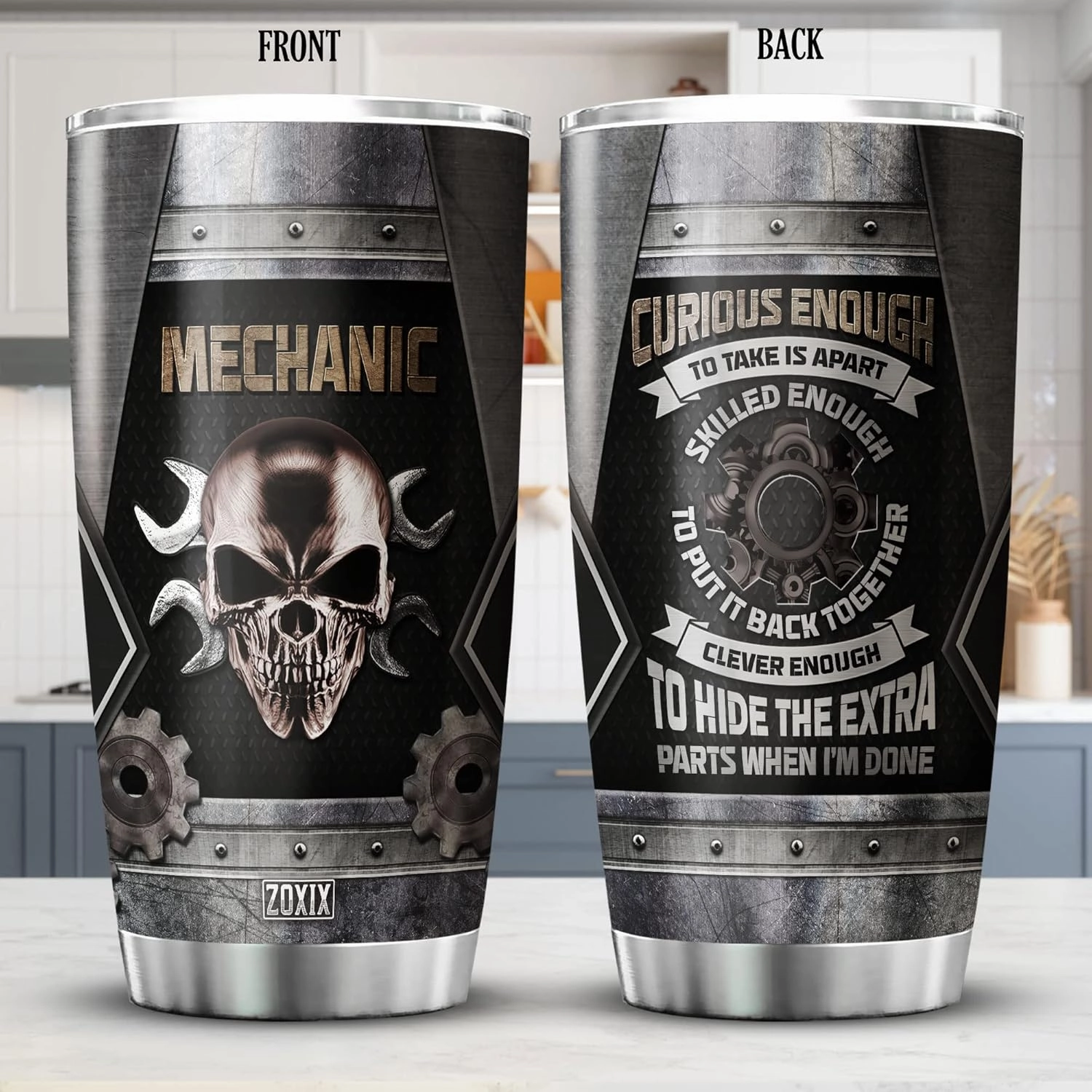 ZOXIX Mechanic Tumbler For Men 20oz Novelty Skull Gift For Mechanical Engineers Stainless Steel Travel Cup With Lid Engineering Handyman Coffee Mug Gift For Mechanics Technicians