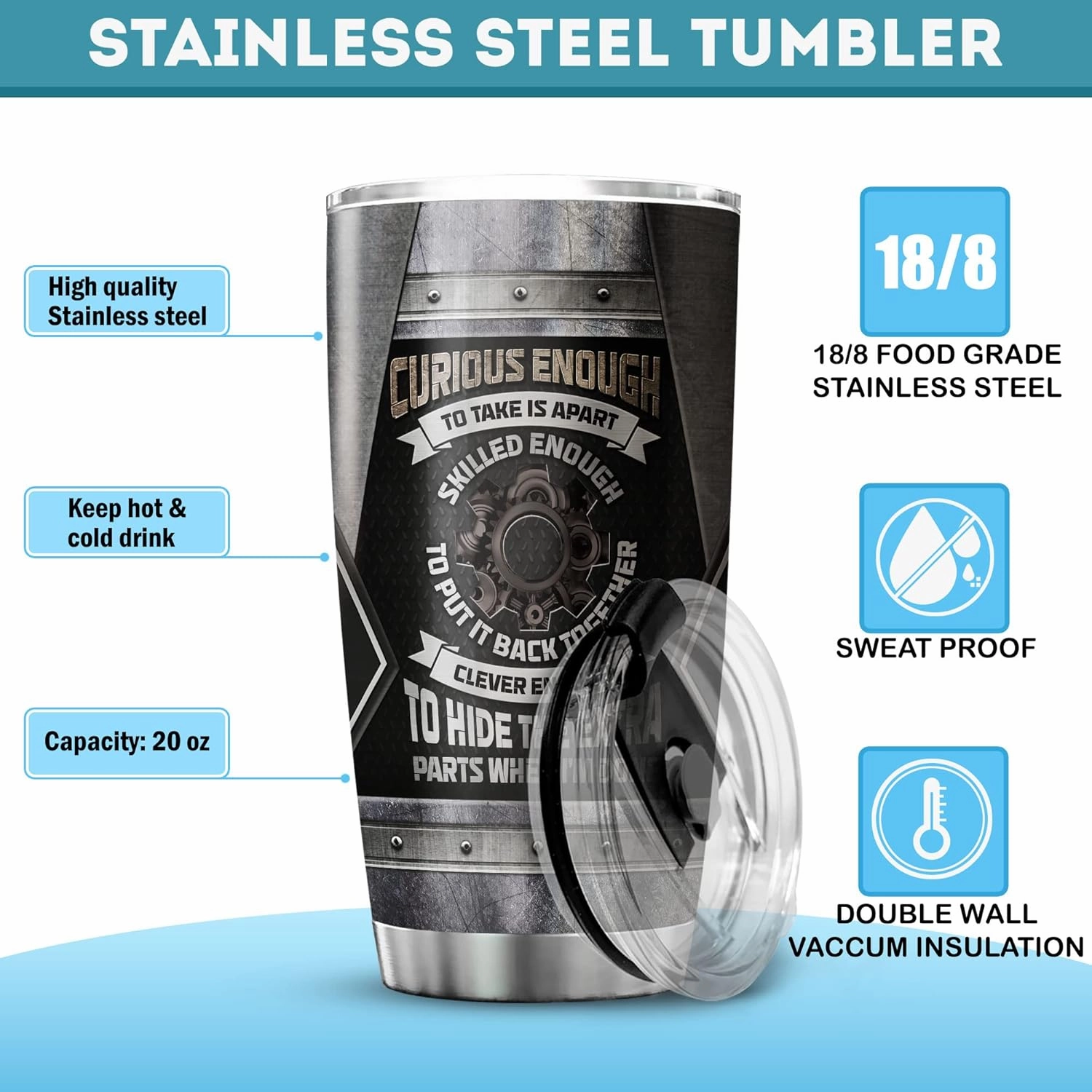 ZOXIX Mechanic Tumbler For Men 20oz Novelty Skull Gift For Mechanical Engineers Stainless Steel Travel Cup With Lid Engineering Handyman Coffee Mug Gift For Mechanics Technicians