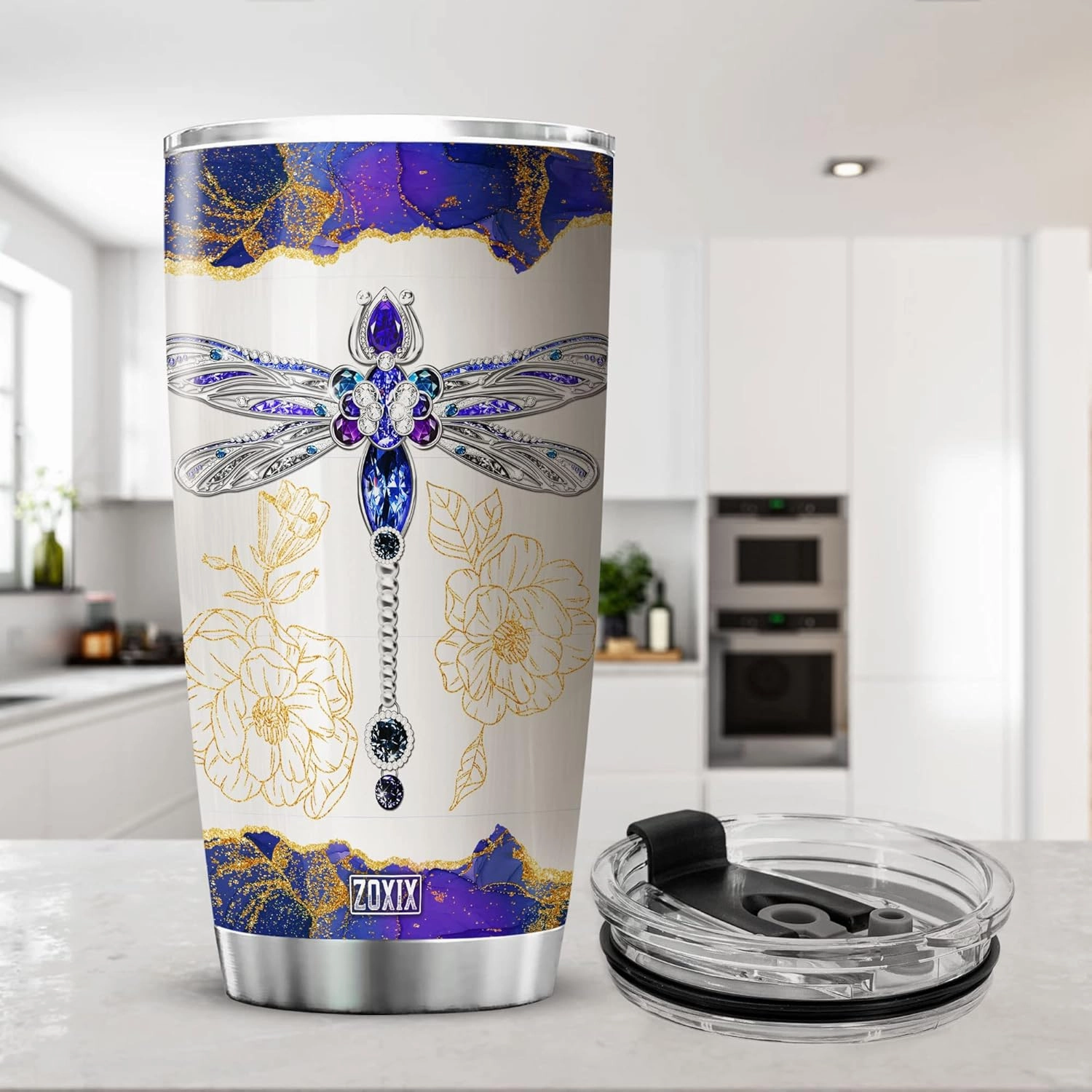 ZOXIX Personalized Dragonfly Insulated Tumbler 20oz Custom Name Travel Coffee Cup With Lid Jewelry Style Dragonflies Gifts For Women Insect Animal Print Mug Birthday Family Present