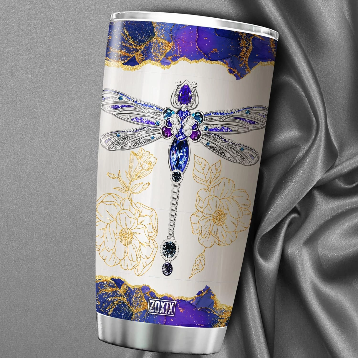 ZOXIX Personalized Dragonfly Insulated Tumbler 20oz Custom Name Travel Coffee Cup With Lid Jewelry Style Dragonflies Gifts For Women Insect Animal Print Mug Birthday Family Present