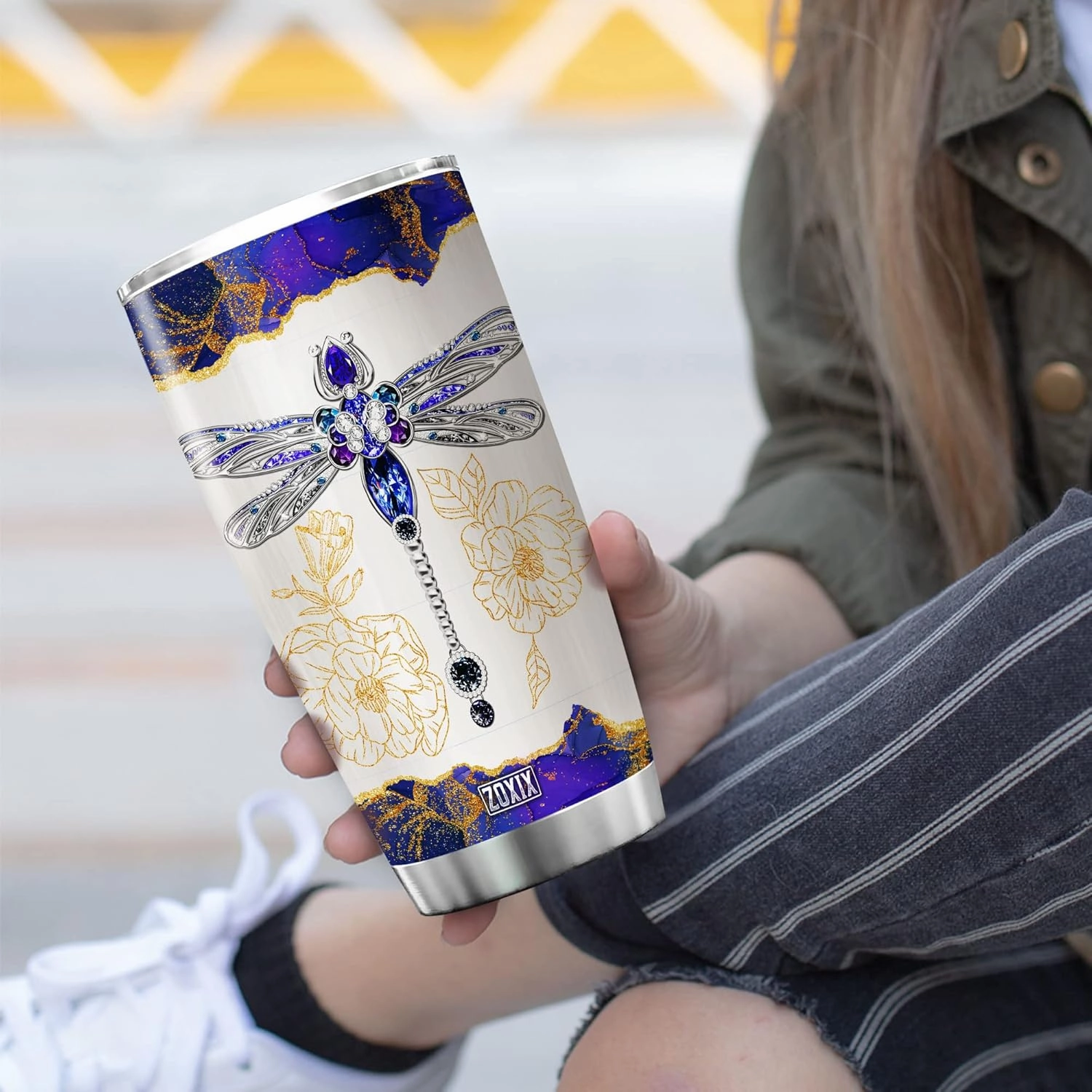 ZOXIX Personalized Dragonfly Insulated Tumbler 20oz Custom Name Travel Coffee Cup With Lid Jewelry Style Dragonflies Gifts For Women Insect Animal Print Mug Birthday Family Present
