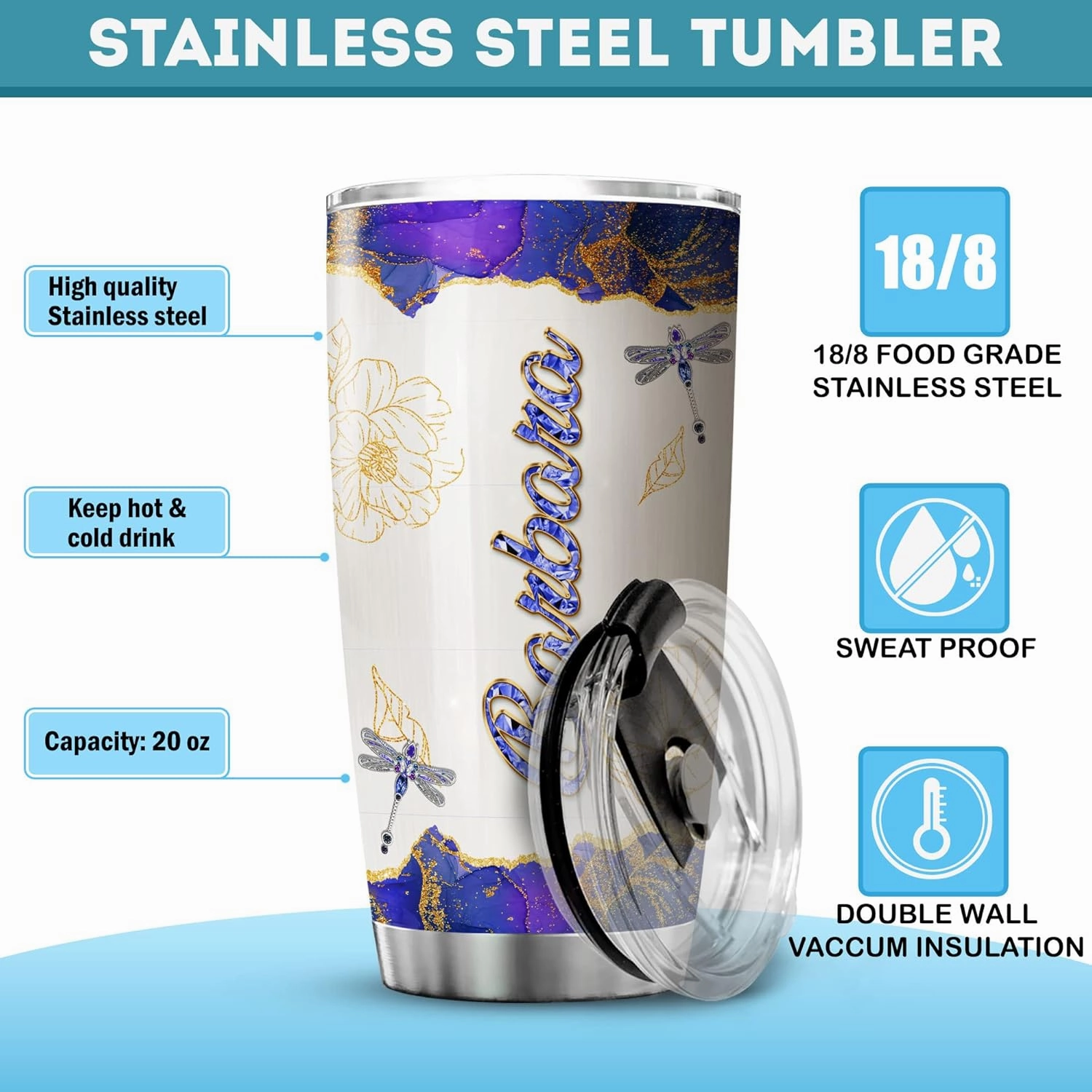 ZOXIX Personalized Dragonfly Insulated Tumbler 20oz Custom Name Travel Coffee Cup With Lid Jewelry Style Dragonflies Gifts For Women Insect Animal Print Mug Birthday Family Present