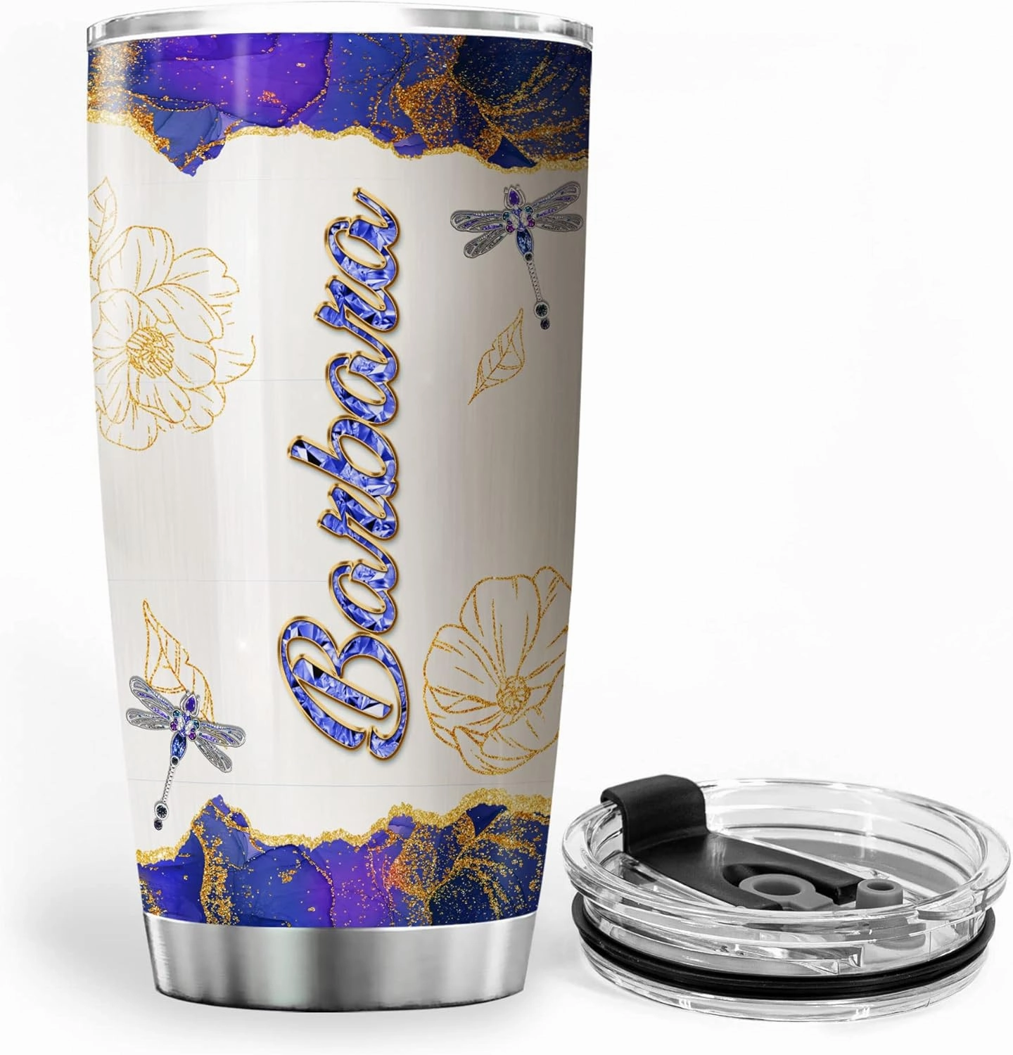 ZOXIX Personalized Dragonfly Insulated Tumbler 20oz Custom Name Travel Coffee Cup With Lid Jewelry Style Dragonflies Gifts For Women Insect Animal Print Mug Birthday Family Present