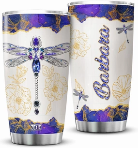 ZOXIX Personalized Dragonfly Insulated Tumbler 20oz Custom Name Travel Coffee Cup With Lid Jewelry Style Dragonflies Gifts For Women Insect Animal Print Mug Birthday Family Present
