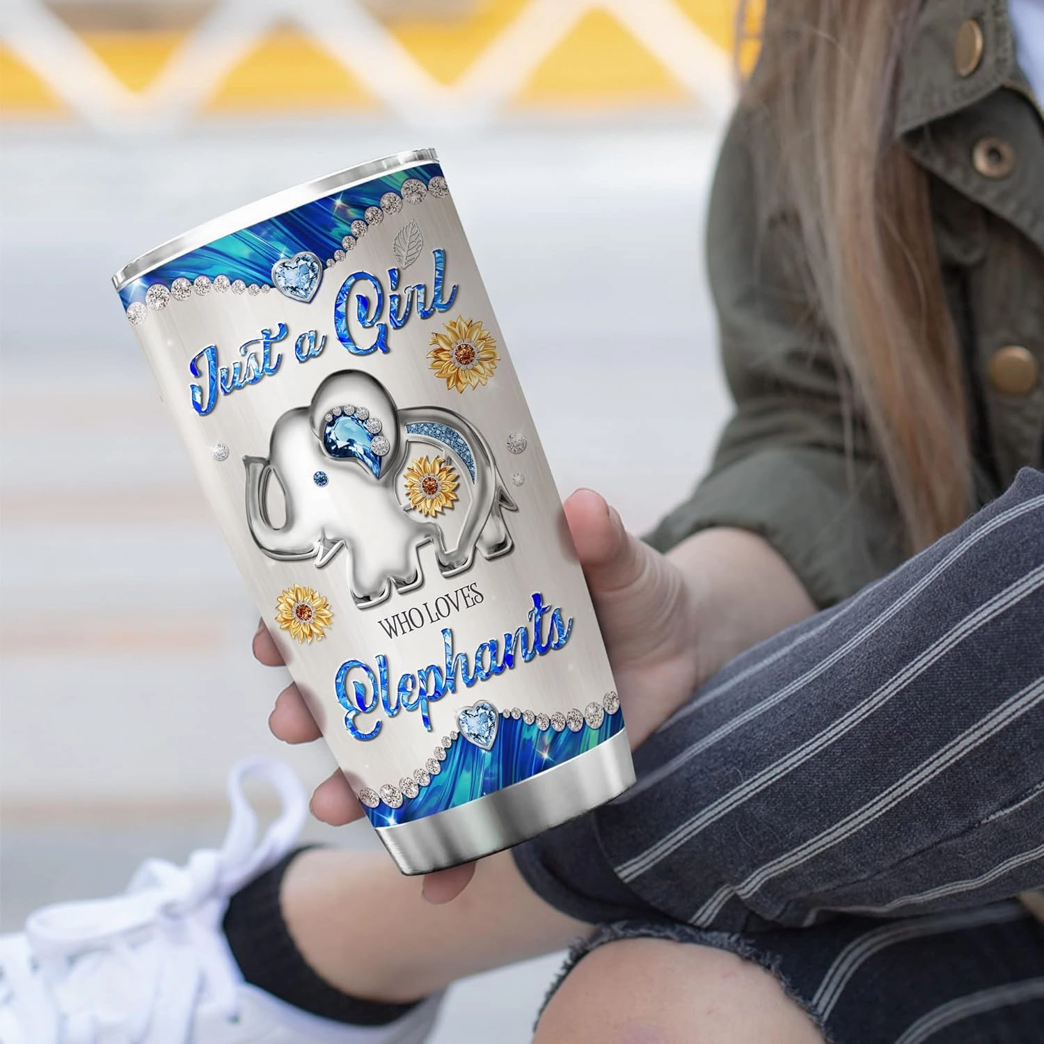 ZOXIX Personalized Elephant Tumbler With Lid 20oz Just A Girl Who Loves Elephant Gifts For Women Jewelry Style Coffee Cup Stainless Steel Travel Mug Cute Animal Sunflower Floral