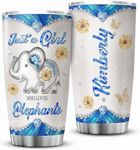ZOXIX Personalized Elephant Tumbler With Lid 20oz Just A Girl Who Loves Elephant Gifts For Women Jewelry Style Coffee Cup Stainless Steel Travel Mug Cute Animal Sunflower Floral