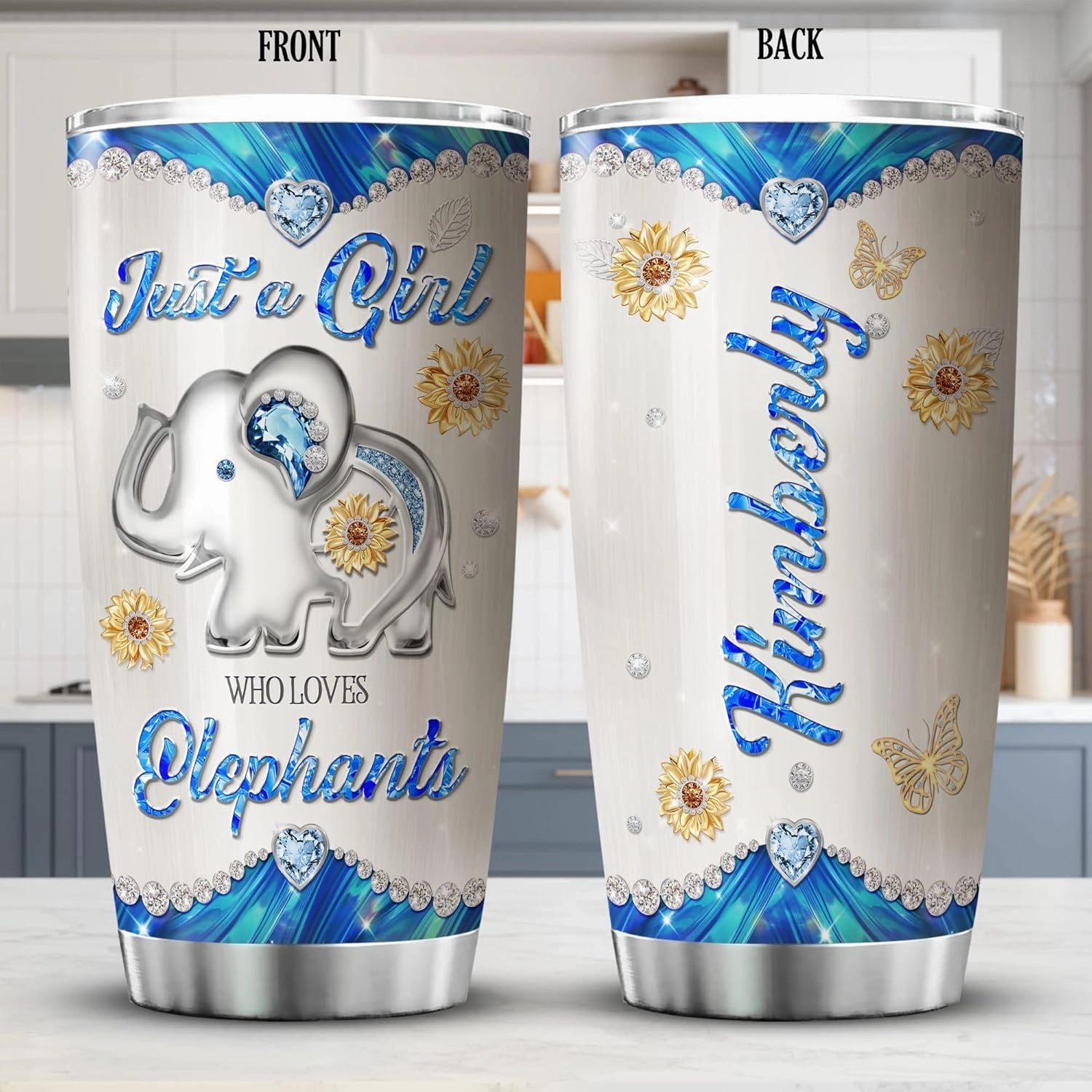 ZOXIX Personalized Elephant Tumbler With Lid 20oz Just A Girl Who Loves Elephant Gifts For Women Jewelry Style Coffee Cup Stainless Steel Travel Mug Cute Animal Sunflower Floral