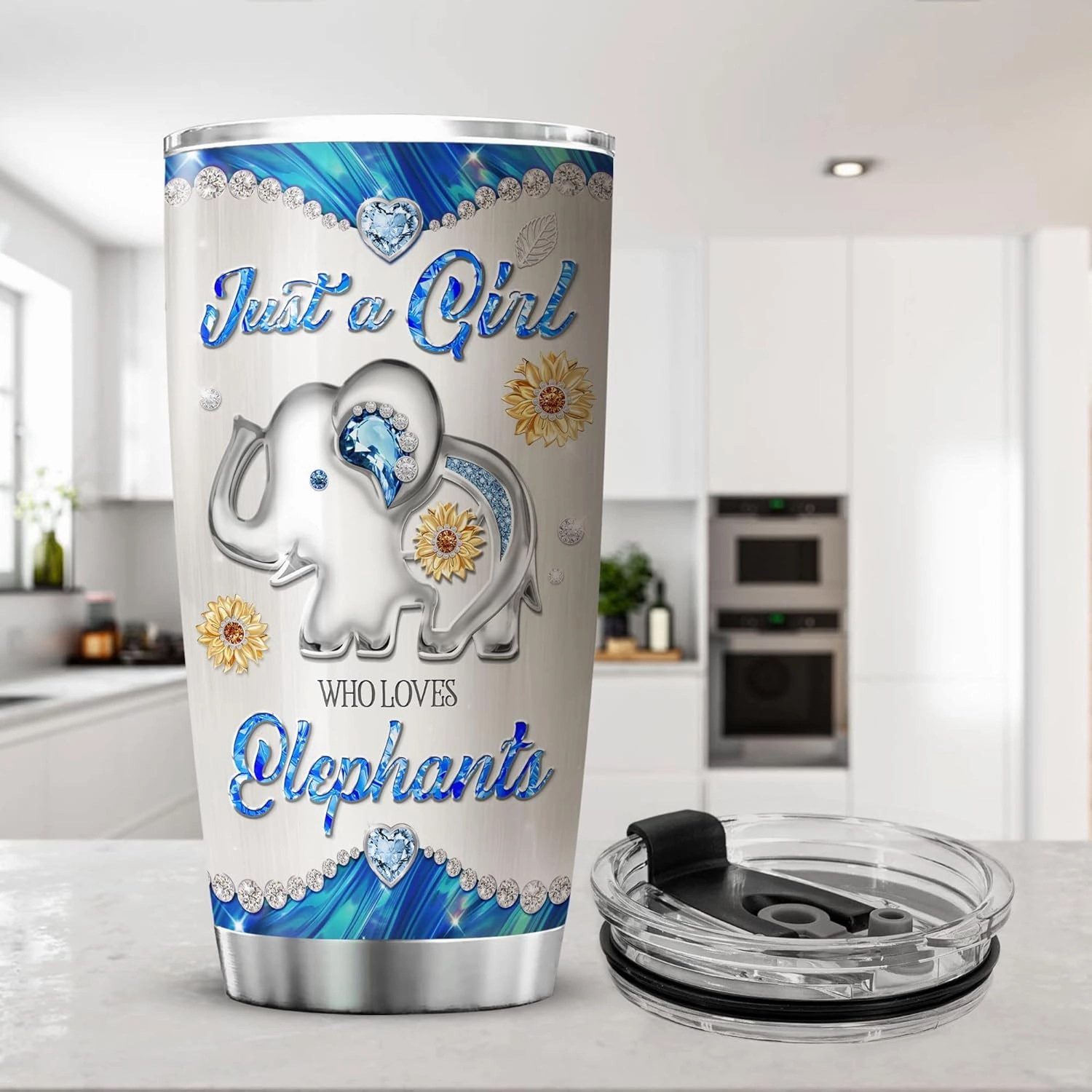 ZOXIX Personalized Elephant Tumbler With Lid 20oz Just A Girl Who Loves Elephant Gifts For Women Jewelry Style Coffee Cup Stainless Steel Travel Mug Cute Animal Sunflower Floral