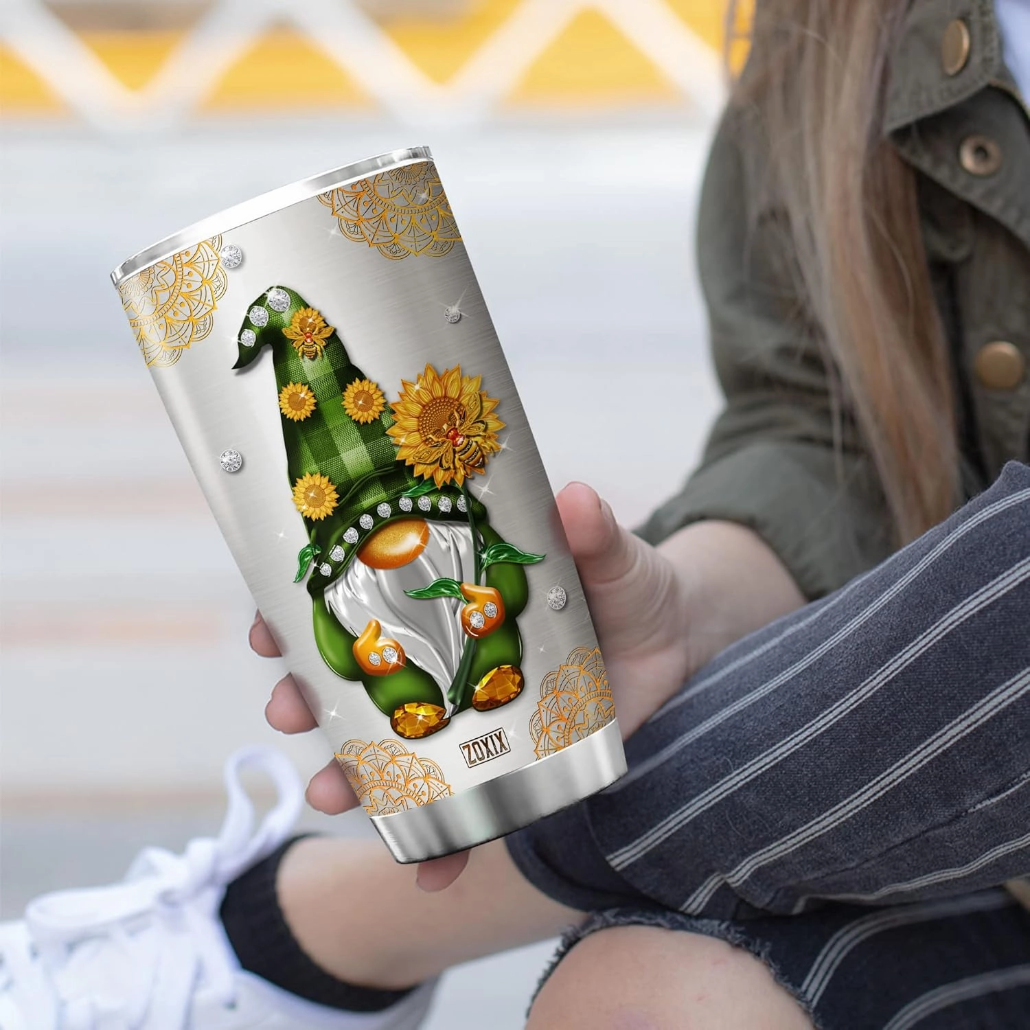 ZOXIX Personalized Gnome Tumbler With Name Customized Gnome Gift Sunflower Mandala Cute Gnomie Coffee Cup With Lid 20oz Stainless Steel Travel Mug Christmas Birthday Present