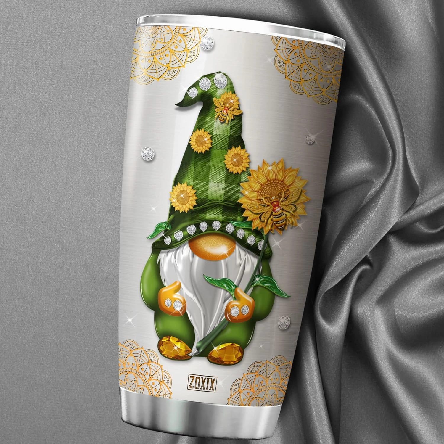 ZOXIX Personalized Gnome Tumbler With Name Customized Gnome Gift Sunflower Mandala Cute Gnomie Coffee Cup With Lid 20oz Stainless Steel Travel Mug Christmas Birthday Present