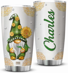 ZOXIX Personalized Gnome Tumbler With Name Customized Gnome Gift Sunflower Mandala Cute Gnomie Coffee Cup With Lid 20oz Stainless Steel Travel Mug Christmas Birthday Present
