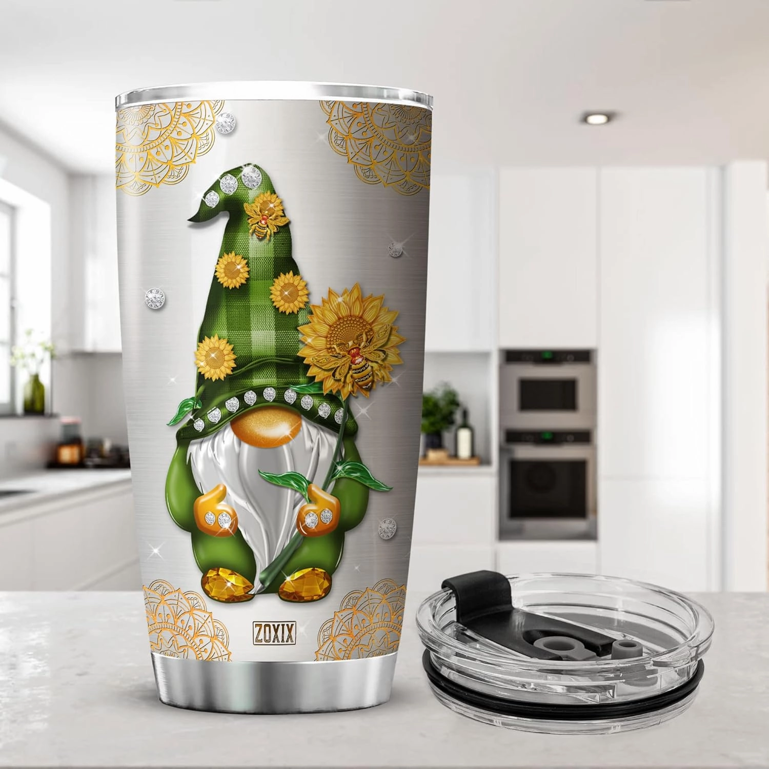 ZOXIX Personalized Gnome Tumbler With Name Customized Gnome Gift Sunflower Mandala Cute Gnomie Coffee Cup With Lid 20oz Stainless Steel Travel Mug Christmas Birthday Present