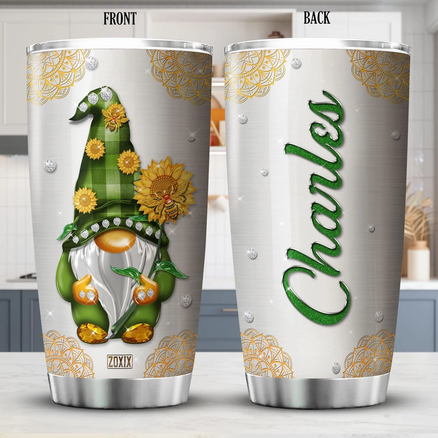 ZOXIX Personalized Gnome Tumbler With Name Customized Gnome Gift Sunflower Mandala Cute Gnomie Coffee Cup With Lid 20oz Stainless Steel Travel Mug Christmas Birthday Present