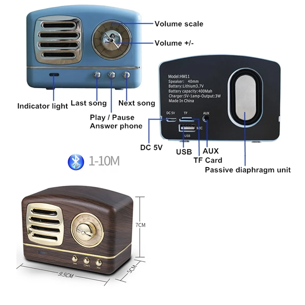 Zunammy 80s Style Retro Vintage Mini Bluetooth Speaker | Small and Easy to Carry - White
